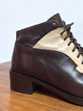 Charger l'image dans la galerie, Bottines à lacets vintage femme en cuir de veau lisse marron et crème 35 FR